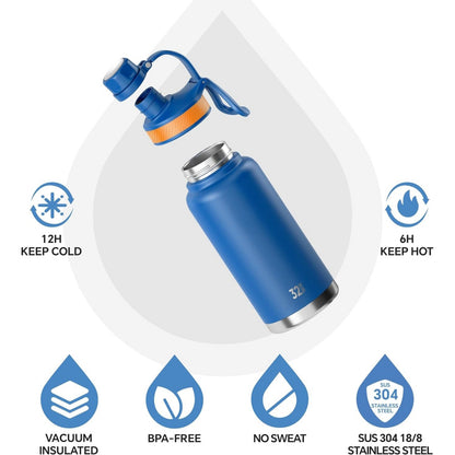 32oz Vacuum Insulated Stainless Steel Water Bottle with 3 Leak-Proof Lid Options